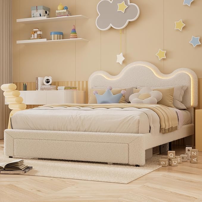 Queen Upholstered LED Bed Frame with Storage Drawers Girls Bed with Flower Headboard Boucle Princess Platform Bed Frame for Kids/Girls Strong Wood Slat Support,No Box Spring Needed,Easy Assembly
