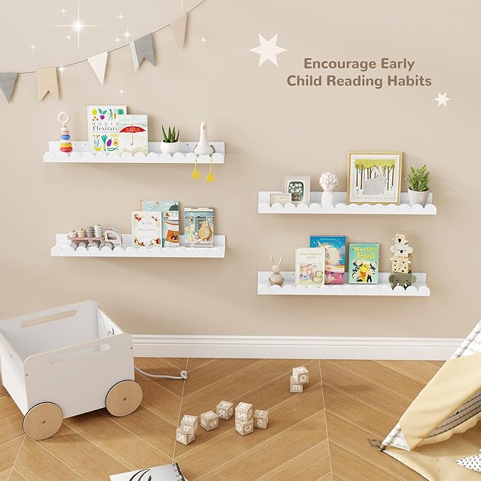 Fun Memories 28 Inch Scalloped Floating Shelf, White Picture Ledge for Wall, Set of 4, Nursery Book Shelves for Baby Room, Kids Rooms, Bedroom