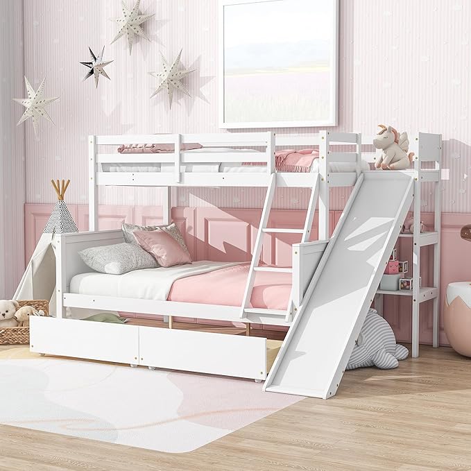 Twin Over Full Bunk Bed with 2 Drawers and Slide, Wood Bunk Bed Frame with Shelves and Ladder, Space Saving Design Bunk Bed for Kids Teens Boys Girls (White-x32c)
