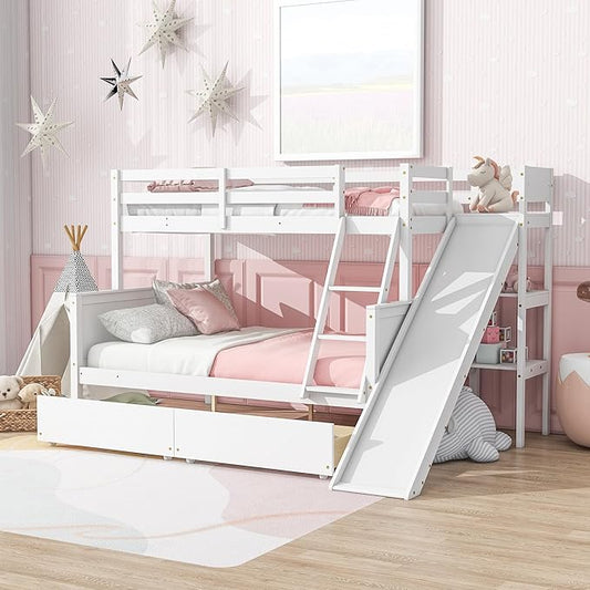 Twin Over Full Bunk Bed with 2 Drawers and Slide, Wood Bunk Bed Frame with Shelves and Ladder, Space Saving Design Bunk Bed for Kids Teens Boys Girls (White-x32c)