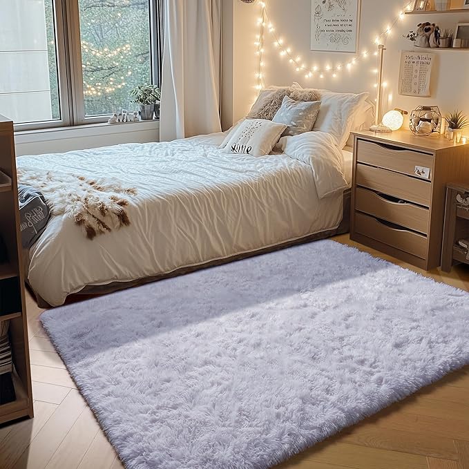 ONASAR White Rugs for Bedroom, 3x5 Fluffy Shaggy Bedside Area Rug, Washable Soft Plush Shag Small Floor Carpet for Preppy Dorm Nursery Living Room Teen Kids Girls Boys Baby Toddler Indoor Home Decor