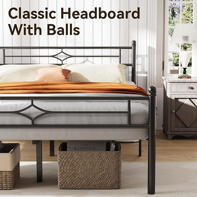 BedsPick Queen Size Metal Bed Frame with Headboard and Footboard, Platform Bed Frame with Premium Steel Slats Support/12.5'' Under Bed Storage Space/No Box Spring Needed/Noise Free/Easy Assembly/Black