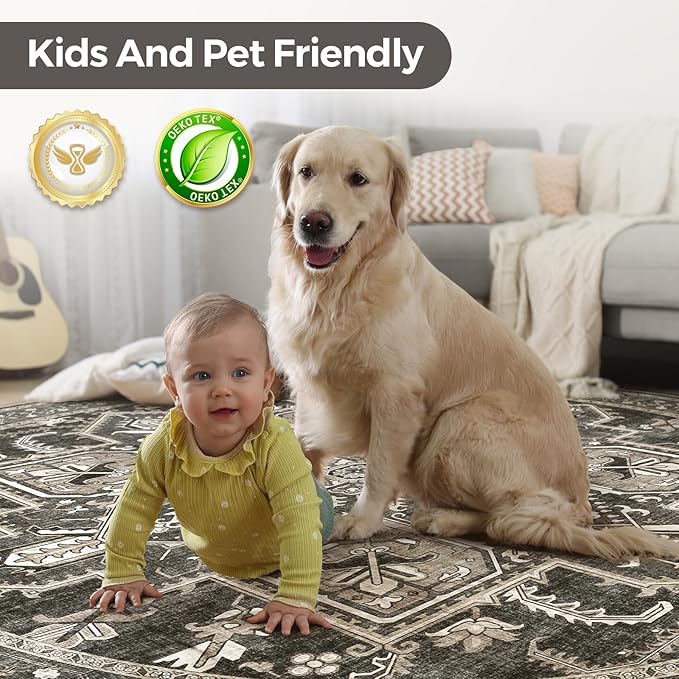WITSHOCK Round Area Rug 8Ft: Washable Non-Slip Low Pile Large Circle Carpet, Foldable Boho Style Rug for Living Room Bedroom Dining Room Kitchen Nursery Home Office – Pet Kid Safe – Bitter Black