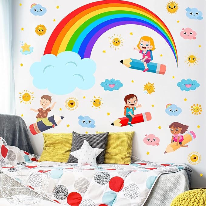 Rainbow Wall Decals Cloudy Sun Wall Stickers for Classroom, Watercolor Rainbow Cloudy Wall Decals Flying Girls Boys Wall Stickers Inspirational Art Murals for Nursery Playroom Kids Room