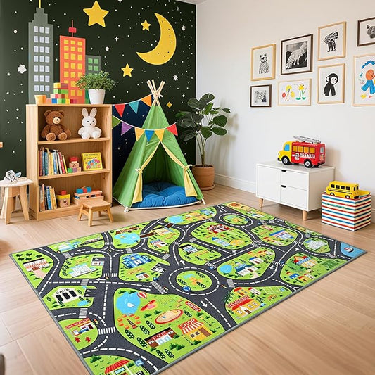 Kids Play Rugs - 36"x60" Learning and Fun City Road Map Play Mat for Playing with Cars Trucks Toys, Non-Slip Playmat for Nursery, Playroom Bedroom and Classroom, Machine Washable
