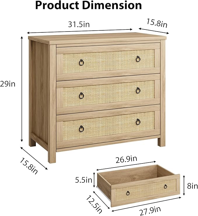 IDEALHOUSE Rattan Dresser for Bedroom, Chest of Dressers 29" Tall Dresser for Closet with 3 Rattan Drawers Chest with Clothes Storage Cabinet, Drawer Organizer for Bedroom, Living Room, Hallway