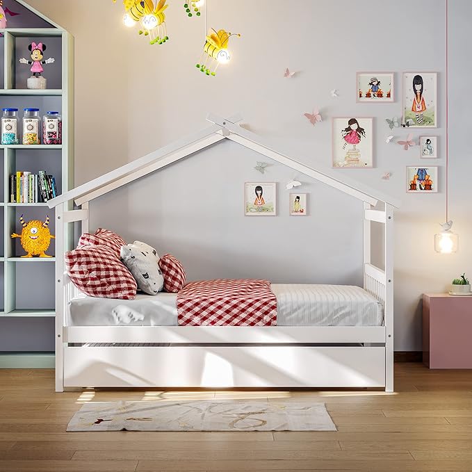 Merax Full Size Wooden House Bed with Trundle, Wood Bed Frame with Roof for Kids, Teens, Boys or Girls, White