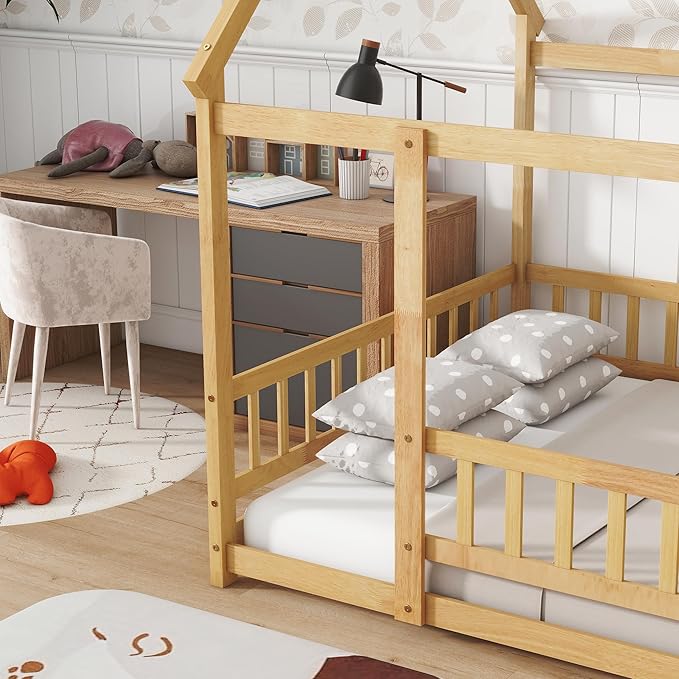 Ball & Cast Full Size Floor Bed,Montessori Bed with Roof & Safety Guardrails Design,Wooden Toddler House Bed Frame W/Open Door,for Girls Boys,Natural