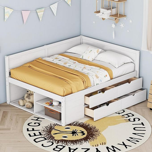 Full Size Daybed with 4 Storage Drawers and Shelves, Wooden Full Platform Bed Frame with L-Shaped Headboard and Slats Support, Corner Bed Full Captain Beds for Kids Boys Girls Teens, White