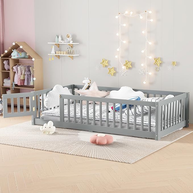 Harper & Bright Designs Twin Floor Bed Frame with Safety High Fence, Wood Montessori Bed with Door, Twin Size Floor Beds with Solid Wood Support Slats for Boys, Girls, Kids, Gray