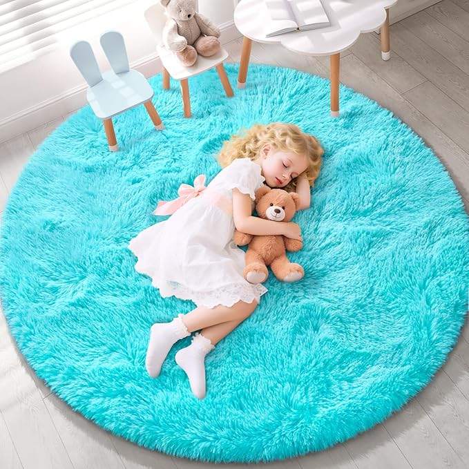 EVOIONOS Teal Blue Round Rug for Bedroom, 5x5 Ft Fluffy Soft Circle Area Rugs for Living Room, Plush Shaggy Circular Carpet for Indoor Floor Bedside Kids Nursery, Machine-Washable Home Decor Aesthetic