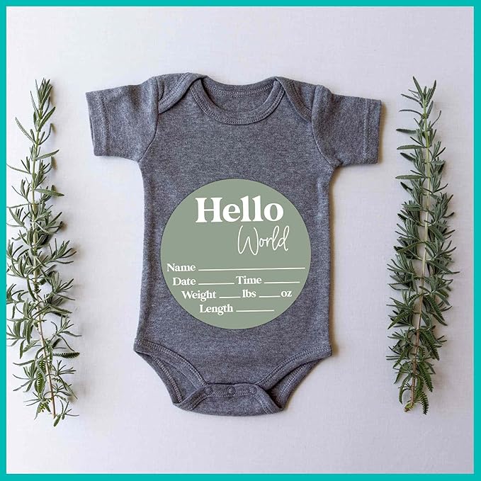 Hello World Newborn Sign - Baby Name Birth Announcement Plaque for Hospital - Photo Prop - Sage Green Nursery Decor - Shower Gift