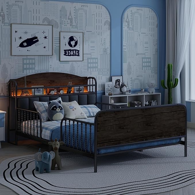 Ball & Cast Full Size Toddler Bed W/LED Light,Metal Bed W/Linen Fabric Upholstered Storage Headboard,Platform Bed Frame W/Safety Guardrails & Low Profile Design,for Boys Girls,Black