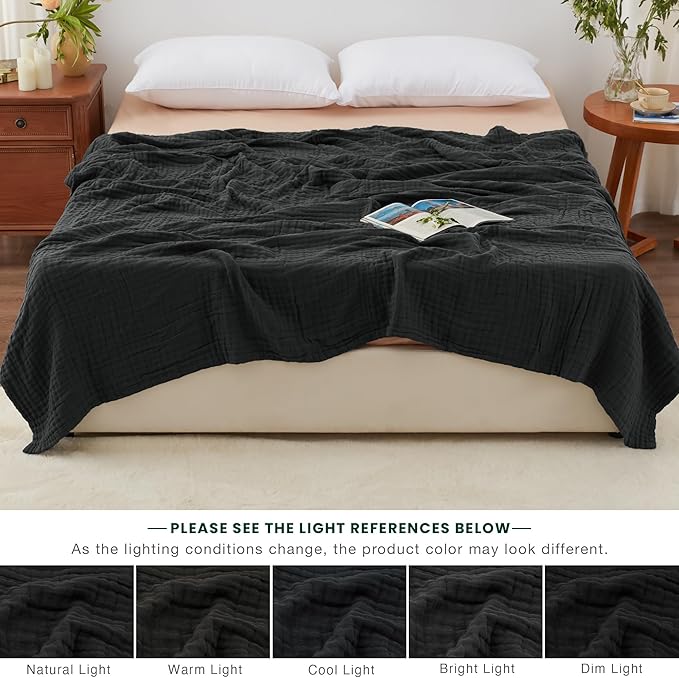 Love's cabin 6 Layer 100% Cotton Muslin Blanket, 108"x90" Muslin King Size Blanket for Bed Couch, Lightweight and Breathable Cotton Gauze for Adult, Black