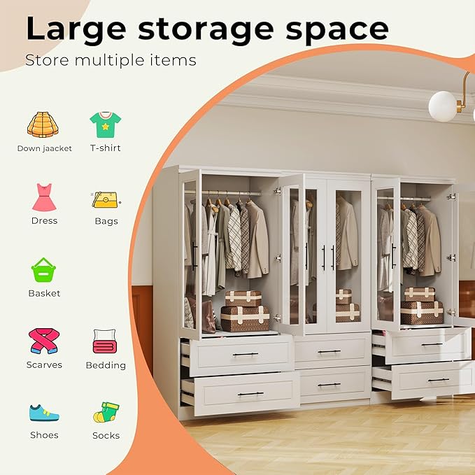 Armoire Wardrobe Closet with 6 Door: White Wood Wardrobe Closet Wooden Transparent Door 6 Drawer Cabinet Bedroom Armoire with Hanging Rods for Home/Bedroom/Living Room