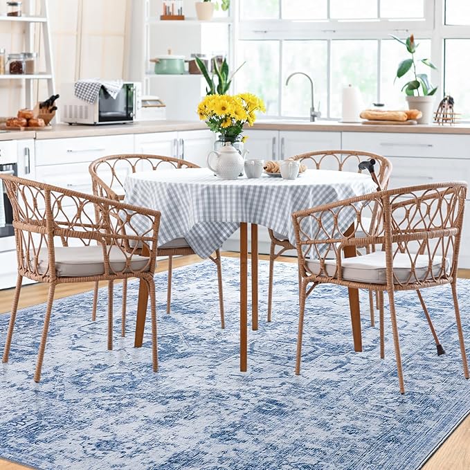 Area Rug 6x9, Washable Rug for Living Room, Large Area Rugs for Bedroom, Vintage Rug 6x9 for Dining Room, Non Slip Soft Low Pile Indoor Carpet for Kitchen, Nursery, Office, Farmhouse, Blue