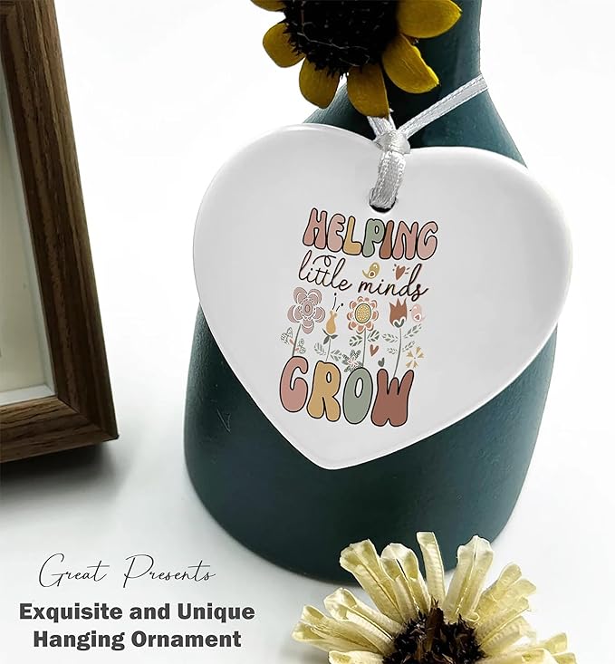 Heart Shaped Christmas Ornament-Teacher Appreciation Week Gift-Thanksgiving Thank You Present for Educator Helping Little Minds Grow Inspirational Ceramic Keepsake Decor