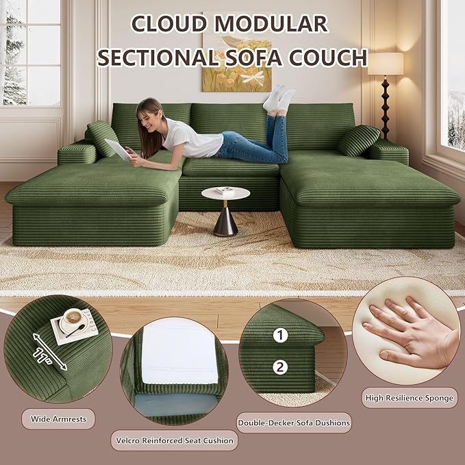 107" Cloud Modular Sectional Sofa with 1 Ottoman, Deep Seat Boneless Couch, Modern Upholstered Corduroy Couches, Comfort U Shaped Sofa for Living Room, No Assembly Required(Green,Right Facing Chaise)