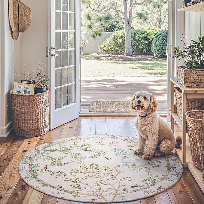jinchan Yarden Round Rugs 4ft Ivory Botanical Birds Print Machine Washable 4' Circle Nature Plants Modern Soft Non Slip Throw Area Rugs Ultra Thin Low Pile Carpet for Entryway Bedroom Kids Room