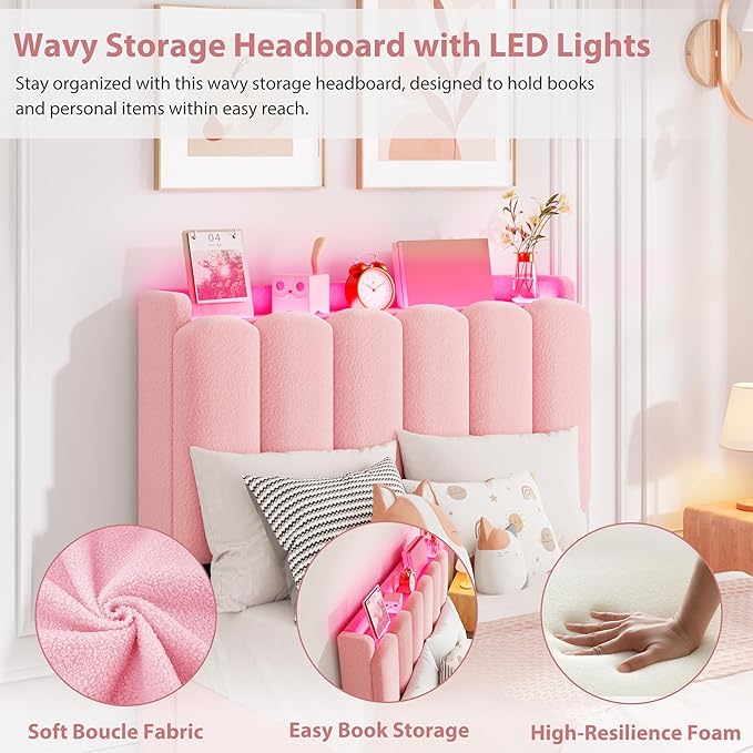 Garvee LED Twin XL Bed Frame with Storage Headboard, Kids Bed Frame with 2 Drawers, Boucle Upholstered Platform Bed for Girls, Chic Wavy Headboard with Bookcase, No Box Spring Needed, Pink