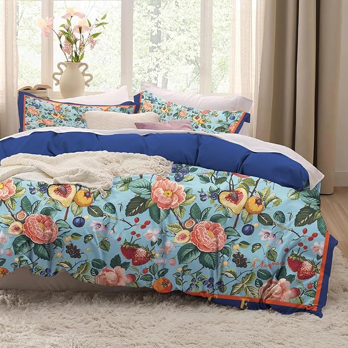 MAGRACE King Duvet Cover Ultra Soft Luxury 100% Cotton Cute Floral Comforter Cover Set, Breathable and Durable, Textured Duvet Cover with Pillow Shams