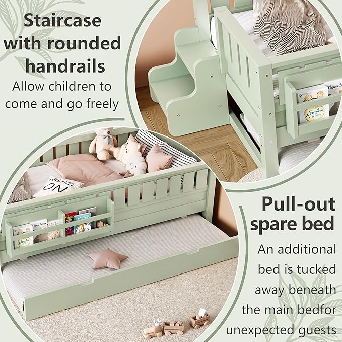 Bellemave Twin Bed with Trundle Twin and Stairs, Twin Size Platform Bed Frame with Fence and Bookshelf, Easy Assemble Beds for Kids, Girls, Boys, Green