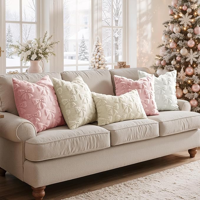 MIULEE Cream White Bow Pillow Covers Christmas Coquette Room Decor Aesthetic Set of 2 Decorative Cute Girl Throw Pillow Soft Plush Faux Pillowcase for Girl Bed Couch Sofa,12x20 Inch