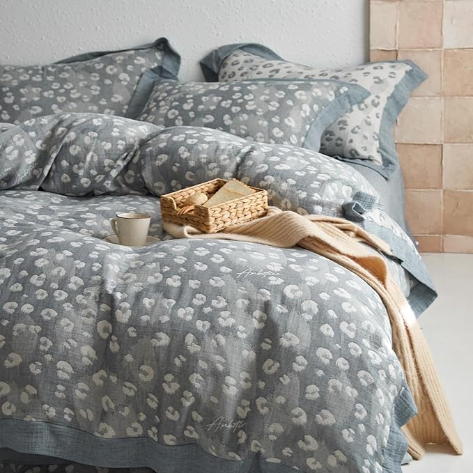 Leopard Print Duvet Cover Full Premium Yarn-Dyed Cotton Linen Jacquard Duvet Cover Grey Leopard Print Bedding Set Aesthetic Floral Leopard Comforter Cover with Zipper Closure Farmhouse Bedding Set