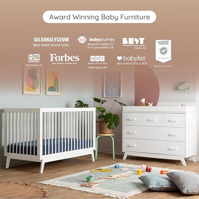 dadada Soho Baby Nursery Furniture Set. Baby Crib and Dresser Set Combo. Soho 3 in 1 Convertible Crib and 5 Drawer Nursery Dresser. White Beechwood