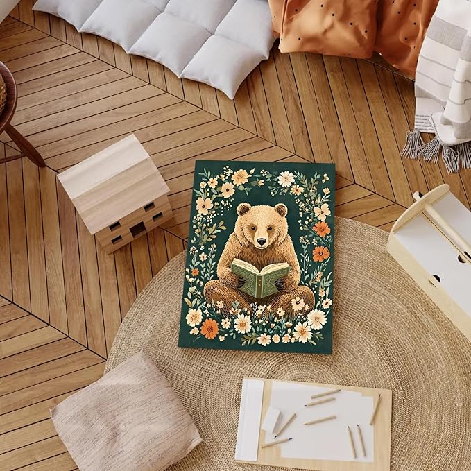 3pcs Animal Reading Canvas Wall Art Cute Woodland Animals Wall Decor Bear Hedgehog Squirrel Pictures Print Bohemian Floral Posters Paintings Suitable for Kids Room Nursery Playroom 16 x 24 Inch