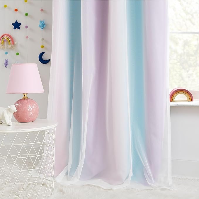 100% Blackout Curtains with Sheer Overlay Mix and Match Double Layer Drapes 84 Inch Long 2 Panels for Room Bedroom Ombre Rainbow Grommet Window Treatment with Tiebacks