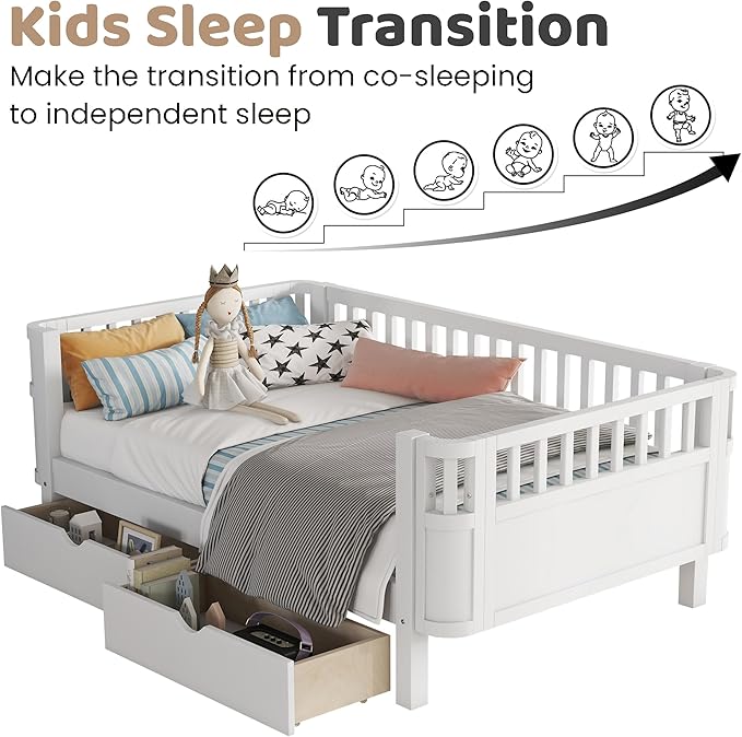 Twin Bed Frame with Rails for Kids, Wood Montessori Bed Twin with 2 Storage Drawers &Slats Support, Modern Daybed with Removable Bed Rails for Girls Boys Bedroom Living Room, White
