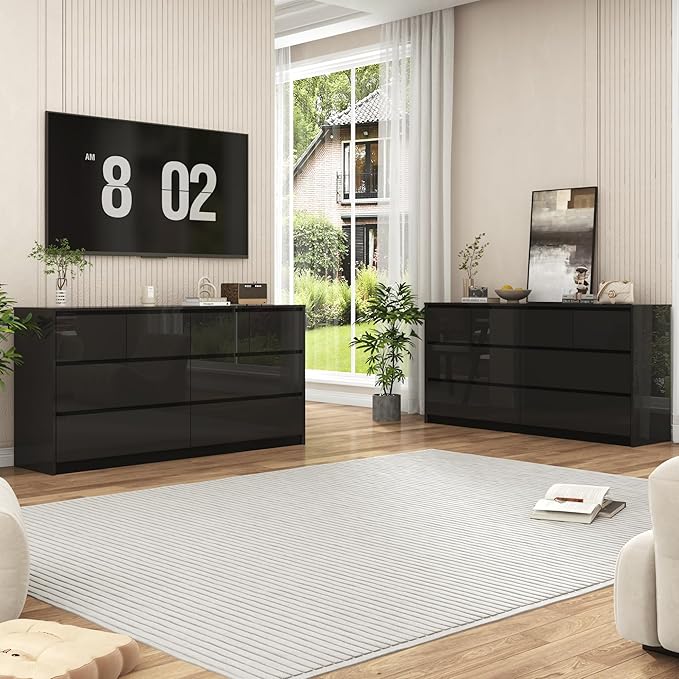 Black Malm Dresser for Bedroom, 63 Inch Full High Gloss Dresser with 8 Drawers, Modern Large Wood Chest of Drawer Handle Free, Living Room, Entryway, Hallway, Black