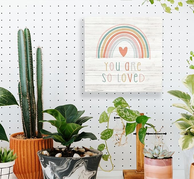 SRADMO You Are So Loved Rainbow Heart Wood Box Sign Desk Decor 8x8, Kids Inspirational Quotes Wooden Block Box Sign Decoration For Kids Room Nursery Playroom Shelf Table Decor