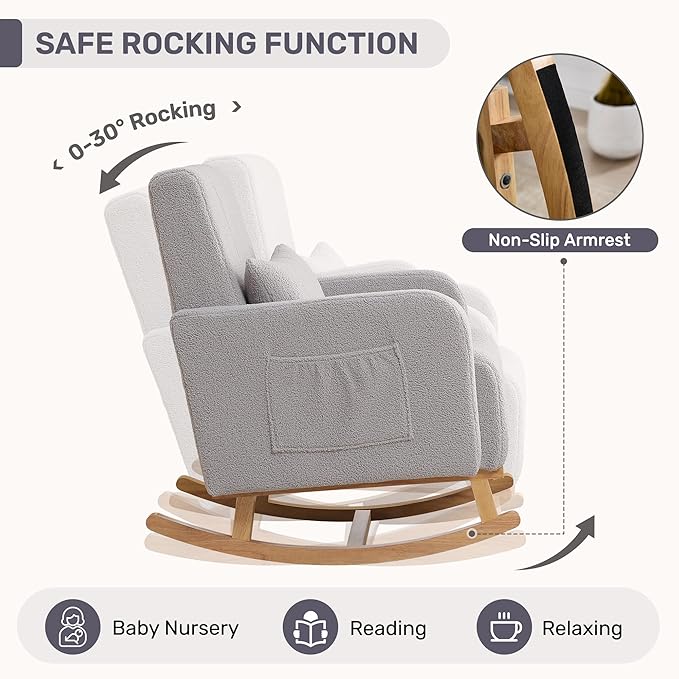 Rocking Chair with Ottoman, Nursing Glider Rocker with High Backrest and Side Pocket, Comfy Reading Chair with Solid Wood Legs for Nursery/Living Room/Bedroom Light Grey