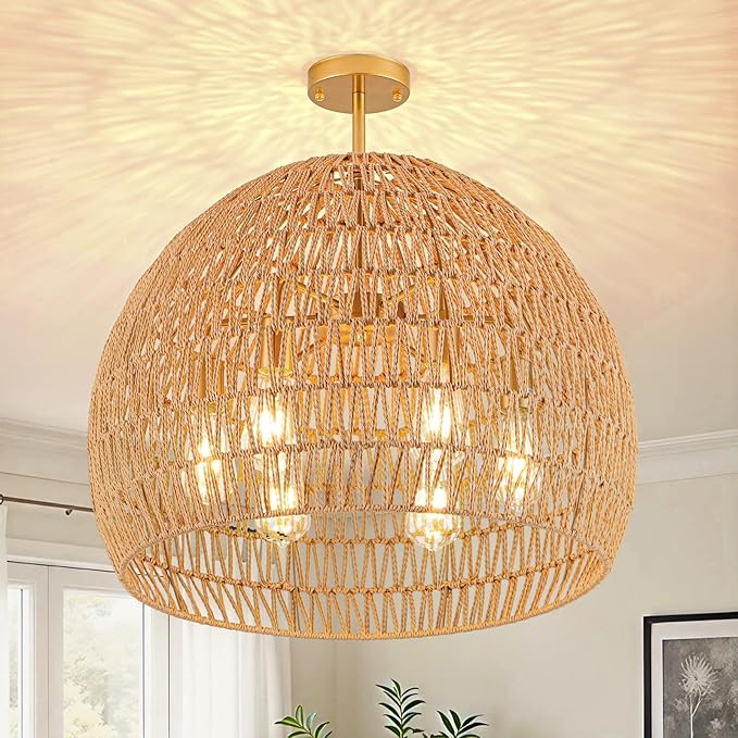 Rattan Ceiling Light Fixture, 6-Light Boho Semi Flush Mount Ceiling Light,23.62" Wicker Light Fixture with Handmade Woven Cage Lampshade,Rattan Chandelier for Bedroom Hallway Nursery Kitchen Farmhouse