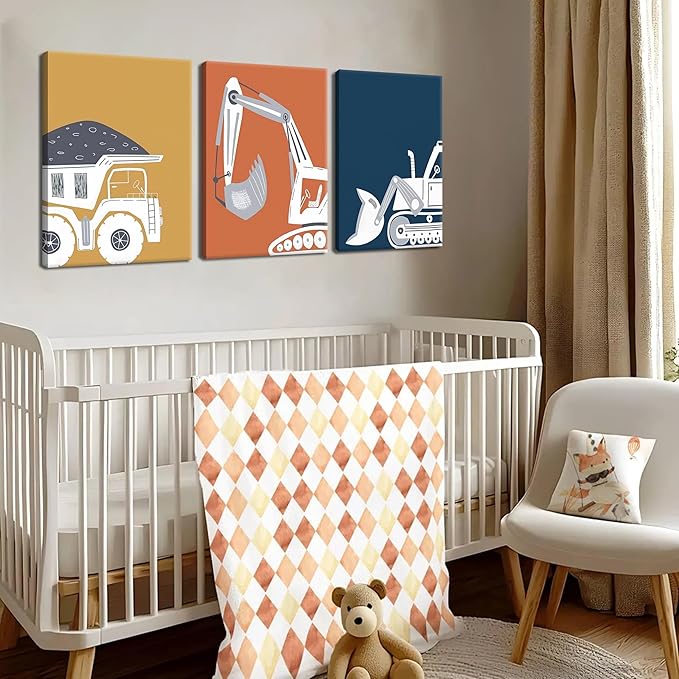 AKWISH Framed Nursery Construction Truck Wall Art Set of 3 – Cute Excavator Tractor Dump Truck Canvas Prints, Boys Bedroom and Baby Room Wall Decor, Playroom Vehicle Artwork – 12x16in