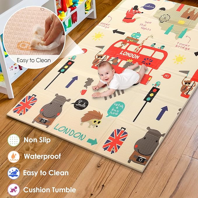 Mergren Baby Play Mat, Large(71"×47") XPE Waterproof Foam Foldable Baby Crawling Mat with Reversible Animal Friends Double-Sided Patterns, Anti-Slip Floor Playing Mats
