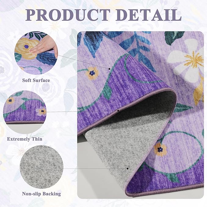 DUKINO 6x9 Area Rug, Floral Rugs for Living Room, Lightweight Non Slip Washable Rug, Indoor Low Pile & Non-Shedding Boho Design Rugs for Bedroom, Living Room, Dining Room, Purple