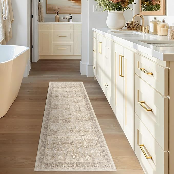 Beige Neutral 2x6 Runner Rug for Hallways Entryway, Vintage Earth Tone Kitchen Bathroom Runner 6ft, Non Slip Washable Low Pile Thin Carpet Runner for Mudroom/Laundry Room/Bedroom Bedside