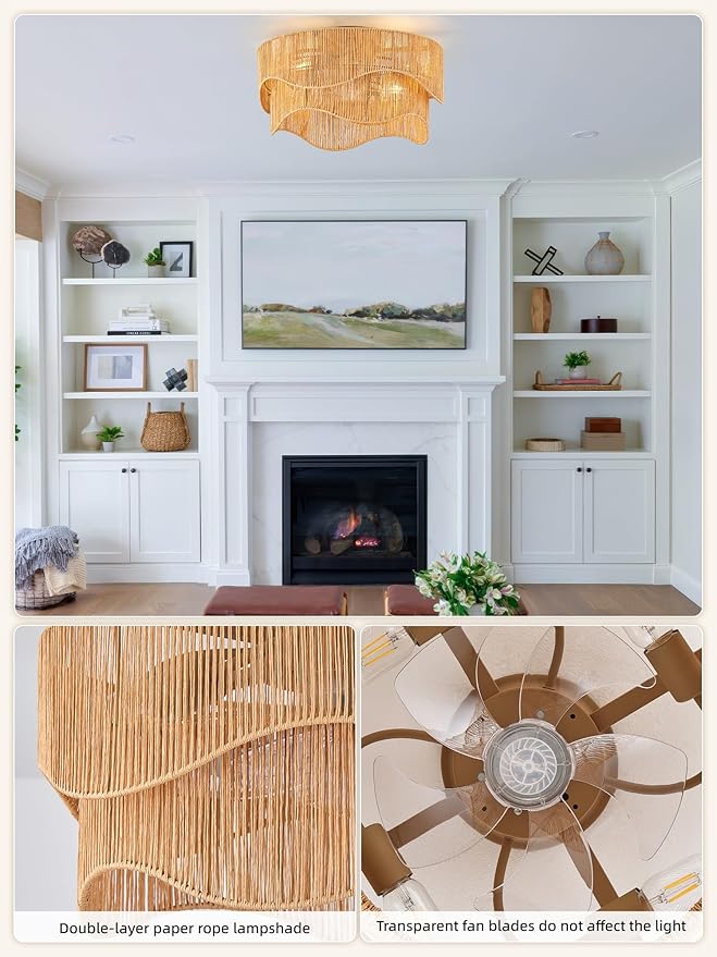 Flush Mount Ceiling Fan with Lights, 20" Low Profile Boho Ceiling Fan with Light Remote Control, Caged Rattan with 6 Speeds for Bedroom, Nursery, Living Room
