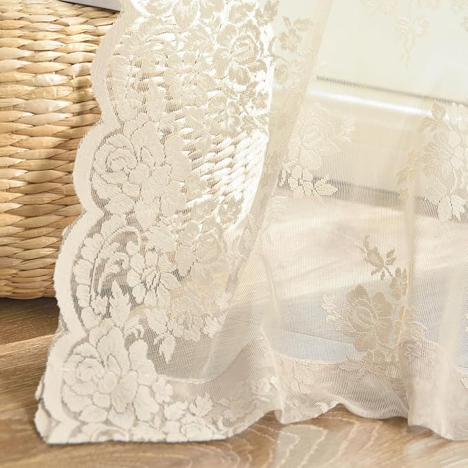 Kotile Beige Lace Curtains 72 Inch Length 2 Panels Set, Cottage Core Rustic Floral Patterned Beige Lace Sheer Curtains for Living Room Patio Door, Rod Pocket Privacy Window Sheer Drapes, 42 x 72 Inch