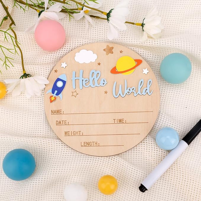Hello World Newborn Announcement Sign, Wooden Baby Birth Announcement Sign with Pen Rocket and Planet Decorations Suitable for Hospital Nursery Photo Props