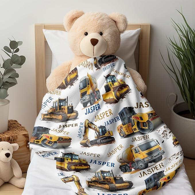 Ship Next Day, Personalized Truck Blanket - Printed in USA, Custom Name Blankets for Kids with Engineering Vehicle, Home Bedding Bed Decor, Fun Birthday Gift for Boys&Girls Women Man