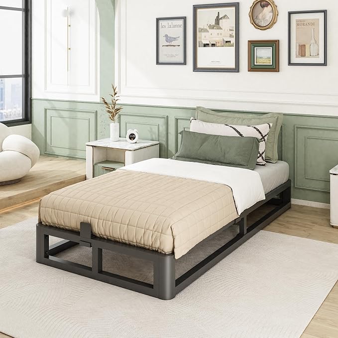 6 Inch Twin Bed Frame with Round Corner Edges, Low Profile Twin Metal Platform Bed Frame with Steel Slat Support, No Box Spring Needed/Easy Assembly/Noise Free Mattress Foundation