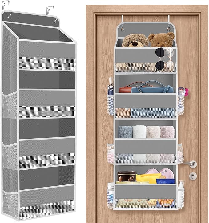1 Pack Over The Door Organizer, Hanging Storage Organizer with Clear Window, 40lb Ultra Sturdy Large Capacity Room Organizer for Pantry Laundry Bathroom Nursery Closet Baby Essential (Grey)