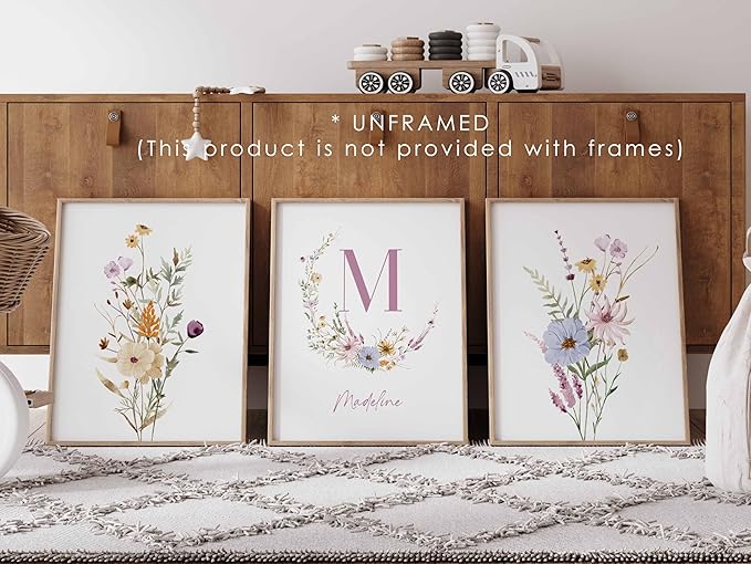 Personalized Name Flower Nursery Wall Art Prints, Crib & Nursery décor, Newborn Baby Girl Gift Present, Floral Baby Girl Room Pictures, Poster For Baby And Kids (3 Prints, Flower 6)