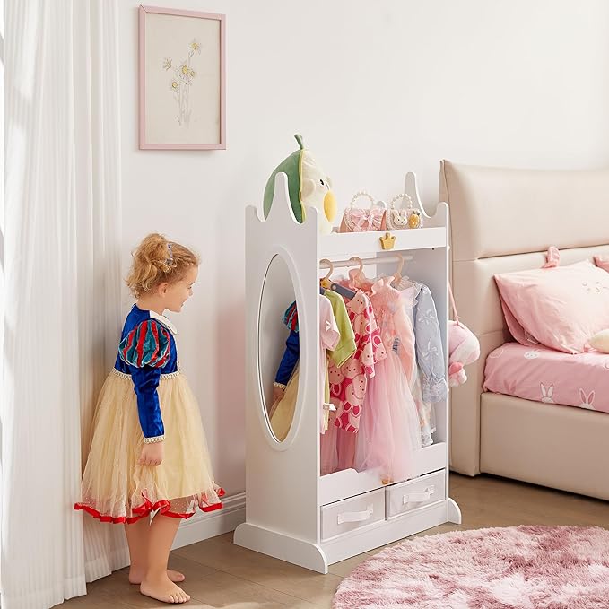 Kids Dress Up Storage with Mirror, Kids Armoire with Non-Woven Drawers, Open Costume Closet with Hanging Rack for Toddlers (White)