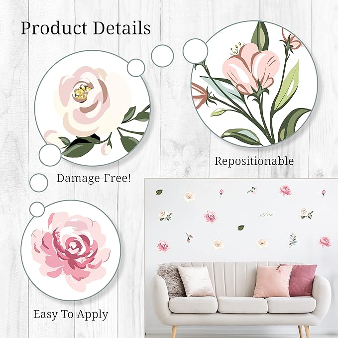 Decalcomania Flower Wall Decals - Set of 19 Pink White Rose Floral Bouquet Wall Stickers for Nursery Bedroom Living Room Decor Removable Peel and Stick Indoor Wall Decor