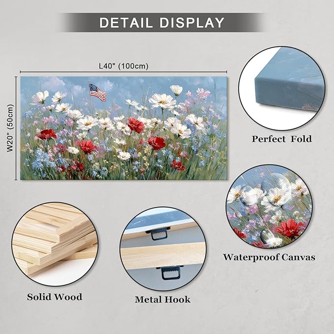 BewDalky American Flag Wildflower Field Canvas Wall Art for Home Decor, Patriotic Rustic Floral Landscape Art Print, USA Independence Day Artwork for Living Room, Bedroom, Bathroom Wall Decor 20"x40"
